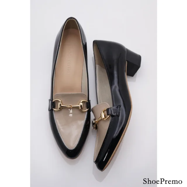 ShoePremo 黒 レザー ローファー 3.5センチヒール ワイズA 幅狭